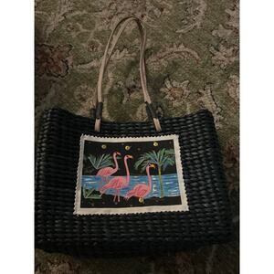 Sun and Sand hand held wicker purse with flamingos